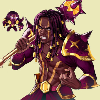 1boy armor belt clenched_teeth commentary cookie_run cookie_run:_kingdom cowboy_shot cropped_jacket dark-skinned_male dark_skin dreadlocks english_commentary facial_hair facial_tattoo from_above gold_trim hair_ornament hand_up holding holding_weapon humanization jacket light-skinned_palms lips long_hair long_sleeves looking_at_viewer male_focus nail_polish nijuuni official_alternate_color official_art_inset open_clothes open_jacket over_shoulder pink_belt pink_eyes purple_hair purple_jacket purple_yam_cookie purple_yam_cookie_(hot_baked_yam) reference_inset scar_across_eyes shoulder_armor simple_background solo standing tattoo teeth thick_eyebrows twitter_username v-shaped_eyebrows very_dark_skin weapon weapon_over_shoulder yellow_background yellow_nails