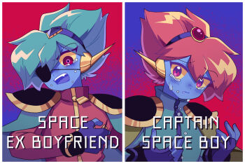 Rule 34 | 2boys, blue gloves, cape, captain spaceboy, closed mouth, colored sclera, commentary request, crying, crying with eyes open, english text, eyepatch, fang, gloves, green cape, green hair, long sleeves, looking at viewer, multiple boys, official alternate hair color, omori, open mouth, pink eyes, pink hair, red eyes, short hair, tears, teeth, upper teeth only, yellow sclera, zabalam inana