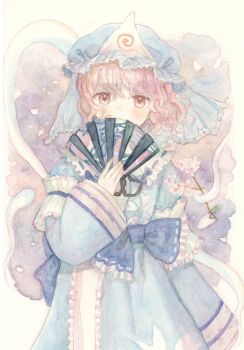 1girl blue_bow blue_hat blue_kimono blush bow cherry_blossoms commentary covered_mouth falling_petals folding_fan frilled_bow frilled_hat frills hand_fan hat highres hitodama holding holding_fan japanese_clothes kimono long_sleeves looking_at_viewer mob_cap painting_(medium) petals pink_eyes pink_hair saigyouji_yuyuko sasami_(shiroi_fuwafuwa) short_hair solo touhou traditional_media triangular_headpiece watercolor_(medium)