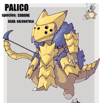 absurdres armor bone bow_(weapon) breastplate cubone felyne fur_trim gauntlets gen_1_pokemon grey_background helmet highres holding holding_bone horns lluisabadias monster_hunter_(series) nintendo no_humans pauldrons pelvic_curtain pokemon pokemon_(creature) shoulder_armor skull standing weapon