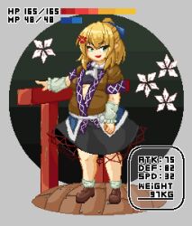 Rule 34 | 1girl, alternate body size, anger vein, black skirt, blonde hair, blush stickers, breasts, brown shirt, commentary request, fat, full body, green eyes, hair ribbon, medium breasts, medium skirt, mizuhashi parsee, nerizou, open mouth, pixel art, ponytail, ribbon, shirt, skirt, smile, solo, touhou, underboob, undersized clothes, v-shaped eyebrows, wooden floor