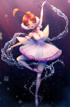 1girl ahiru_(princess_tutu) ahoge ballerina ballet ballet_dress ballet_slippers bare_shoulders blue_eyes bracelet commentary crown dancing dress en_pointe english_commentary highres jewelry kirakipeachy necklace orange_hair pantyhose princess_tutu princess_tutu_(character) short_hair smile solo standing standing_on_one_leg tutu water