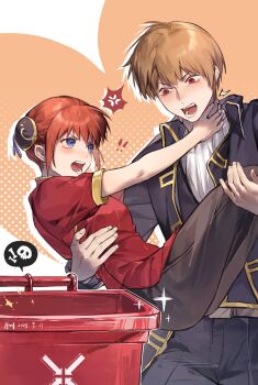 Rule 34 | !, !!, 1boy, 1girl, artist name, black jacket, black pants, blue eyes, blush, brown hair, brown pants, bun cover, carrying, china dress, chinese clothes, commentary, dated, dress, gintama, hands on another's neck, highres, jacket, kagura (gintama), looking at another, looking at viewer, neck grab, okita sougo, open mouth, orange hair, pants, princess carry, recycle bin, red dress, red eyes, shinsengumi (gintama), short hair, sidelocks, sparkle, spoken skull, strangling, v-shaped eyebrows, xuchuan