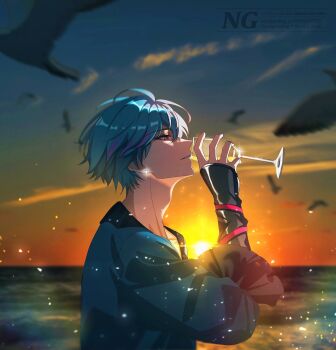 1boy blue_hair blue_shirt brant_(wuthering_waves) commentary cup drinking drinking_glass english_commentary evening from_side highres holding holding_cup male_focus multicolored_hair parted_lips pink_eyes sae_naiyatsu shirt short_hair solo streaked_hair upper_body watermark wuthering_waves