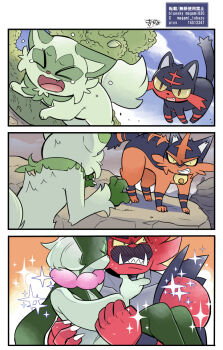 &gt;_&lt; 1boy 1girl 3koma age_progression animal_nose artist_name averting_eyes black_eyes black_fur blush body_fur carrying cat_boy cat_girl claw_pose claws clenched_teeth closed_eyes collarbone colored_sclera comic constricted_pupils day embarrassed evolutionary_line fang fangs fleeing floragato furry furry_female furry_male furry_with_furry gen_7_pokemon green_fur green_hair grey_fur hand_on_another&#039;s_chin hands_up hetero incineroar kissing_cheek litten looking_to_the_side magami_tobazu meowscarada multiple_views nintendo nose_blush open_mouth outdoors pokemon pokemon_(creature) princess_carry red_eyes red_fur running scared sharp_teeth short_hair signature slit_pupils sparkle sprigatito stroking_another&#039;s_chin sweat tears teeth torracat two-tone_fur yellow_sclera