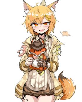Rule 34 | 1girl, animal, animal ears, arknights, blush, fang, fox ears, fox girl, fox tail, geist43195783, hair ornament, hairclip, hat, highres, holding, holding animal, jacket, long sleeves, looking at viewer, material growth, notched ear, official alternate costume, open clothes, open jacket, open mouth, orange hair, oripathy lesion (arknights), party hat, red eyes, short hair, simple background, sketch, skin fang, solo, tail, vermeil (arknights), vermeil (playfellows) (arknights), white background
