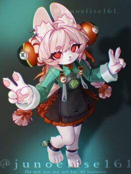 1girl :3 absurdres ahoge animal_ear_fluff animal_ear_piercing animal_ears barefoot black_dress black_skirt body_fur braid braided_twintails bright_pupils closed_mouth double_v dress furry furry_female green_background green_shirt highres junoelise161 long_hair looking_at_viewer medallion pink_fur pink_hair rabbit_ears rabbit_girl rabbit_tail red_eyes screw shirt short_eyebrows simple_background skirt smile solo tail thick_eyebrows twin_braids twitter_username v white_background white_pupils zenless_zone_zero zhao_(zenless_zone_zero)