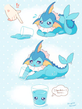 ! !! :3 acid_armor_(pokemon) anger_vein apologizing aqua_fur artist_name blue_background crying crying_with_eyes_open cup curled_tail drinking_glass ears_down english_text fins fish_tail gameplay_mechanics gen_1_pokemon glass head_fins highres long_tail melting mugita_konomi nintendo pointing pointing_up pokemon pokemon_(creature) polka_dot polka_dot_background sad scolding signature spill tail tearing_up tears vaporeon water_on_glass