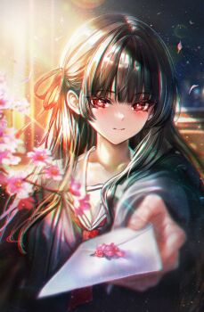 1girl black_hair breasts cherry_blossoms chisa_(wuthering_waves) chromatic_aberration classroom closed_mouth collarbone commentary envelope hair_ribbon highres holding holding_envelope indoors light_blush long_hair looking_at_viewer medium_breasts neckerchief red_eyes red_neckerchief red_ribbon ribbon sailor_collar smile solo symbol-only_commentary turbulence white_sailor_collar wuthering_waves