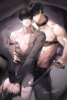 2boys abs aegyo_sal belt black_hair black_shirt bound bound_wrists chain clenched_hand clenched_teeth collar collared_shirt cuffs glaring hair_between_eyes hand_on_another&#039;s_waist handcuffs heads_together holding holding_chain kim_dokja kyou_tayaoi looking_at_viewer male_focus multiple_boys muscular muscular_male no_pants omniscient_reader&#039;s_viewpoint pectorals shirt short_hair sitting_on_leg spread_legs teeth thigh_belt thigh_strap topless_male yaoi yoo_joonghyuk