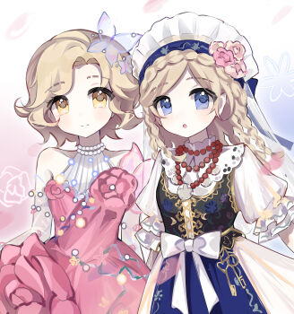2girls :o absurdres bare_shoulders bead_necklace beads blonde_hair blue_dress blue_eyes blush bow braid butterfly_hair_ornament closed_mouth dress elbow_gloves flower frills front_bow gloves hair_flower hair_ornament highres identity_v jewelry key long_hair looking_at_viewer margaretha_zelle margaretha_zelle_(sylphide) multicolored_dress multiple_girls necklace open_mouth parted_bangs pearl_necklace petals pink_dress pink_flower pink_rose puffy_short_sleeves puffy_sleeves rose shirt short_hair short_sleeves sleeveless sleeveless_dress smile vera_nair vera_nair_(judith_the_dove) white_background white_bow white_headdress white_shirt xinjinjumin8673114 yellow_eyes