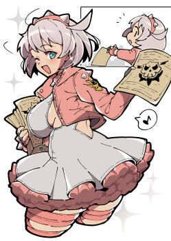 1girl black_gloves blue_eyes breasts choppy_bangs commentary_request cropped_legs dress elphelt_valentine fingerless_gloves frilled_dress frills from_side gloves grey_dress grey_hair guilty_gear guilty_gear_strive hairband highres holding holding_paper itsuka_neru jacket large_breasts looking_at_viewer multiple_views one_eye_closed open_clothes open_jacket open_mouth paper pink_hairband pink_jacket short_hair smile spiked_hairband spikes white_background