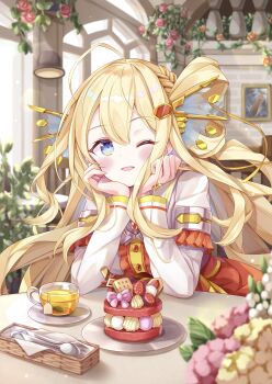 Rule 34 | 1girl, ahoge, battle spirits, blonde hair, blue eyes, blush stickers, commentary, cup, elbows on table, flower, food, fork, hair ornament, hair rings, hand jewel, hands on own chin, haundo b, highres, indoors, knife, long sleeves, one eye closed, open mouth, painting (object), plate, red flower, red rose, rei ooba, rose, shirt, smile, solo, sweets, untranslatable commentary