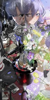 2girls absurdres architecture banknote black_eyes black_gloves black_kimono blood blood_on_clothes blood_on_face blue_flower branch building calculator commission contrast crying crying_with_eyes_open day_and_night dual_persona east_asian_architecture eyelashes falling_petals flower gloves grey_eyes gun hair_between_eyes hair_flower hair_ornament highres holding holding_flower holding_gun holding_weapon japanese_clothes kimono leaf long_hair long_sleeves looking_at_viewer mau_sakura money multiple_girls multiple_views obi open_box original parted_lips petals pink_flower polar_opposites purple_eyes purple_flower purple_hair purple_petals sash scissors seiza shirt side_ponytail sitting skeb_commission standing symmetry table tears thunder tree weapon white_flower white_kimono white_petals yellow_flower