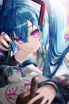 1girl aqua_hair aqua_nails aqua_necktie black_sleeves chibi cropped_shoulders detached_sleeves hair_between_eyes hair_ornament hatsune_miku highres ink_stamp irasutogakari looking_at_viewer necktie pink_eyes shirt sleeveless sleeveless_shirt solo twintails utahime_shikkaku_(vocaloid) vocaloid