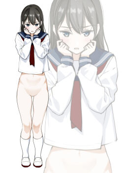 1girl black_hair blue_sailor_collar bottomless commentary_request commission double-parted_bangs full_body hands_on_own_face hands_up highres long_hair long_sleeves neckerchief no_pussy original parted_lips pixiv_commission red_neckerchief sailor_collar sailor_shirt school_uniform secret_dmain shirt shoes socks solo uwabaki white_background white_shirt white_shoes white_socks zoom_layer