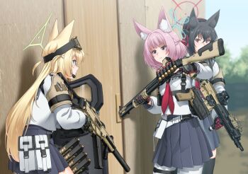 3girls animal_ears assault_rifle ballistic_shield black_hair blonde_hair blue_archive blue_eyes blue_halo blue_sky ear_protection eotech fox_ears fox_girl fox_platoon_(blue_archive) green_halo gun h&amp;k_hk416 h&amp;k_ump halo handgun henshako holster kurumi_(blue_archive) laser_sight long_hair multiple_girls muzzle_device neckerchief niko_(blue_archive) outdoors pink_hair pump_action red_eyes red_halo red_neckerchief remington_870 rifle school_uniform serafuku shield short_hair shotgun shotgun_shell skirt sky ski_goggles submachine_gun suppressor training tree vertical_foregrip weapon wooden_door wooden_wall yukino_(blue_archive)