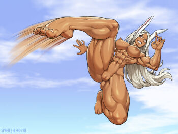 Rule 34 | 1girl, abs, animal ears, ass, boku no hero academia, breasts, cleft of venus, commission, commissioner upload, dark-skinned female, dark skin, flying kick, gluteal fold, highres, kicking, large breasts, long hair, mirko, muscular, muscular female, nipples, nude, pussy, rabbit ears, rabbit girl, red eyes, solo, speh, teeth, white hair