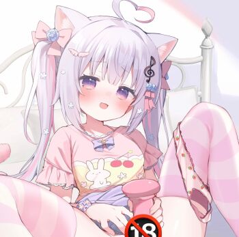 1girl ahoge animal_ear_fluff animal_ears animal_print blush bow cat_ears censored cherry_print commentary_request commission dildo food_print fortissimo frilled_sleeves frills fruit_print grey_hair hair_bow hair_ornament heart heart_ahoge highres holding holding_sex_toy loli long_hair looking_at_viewer multicolored_eyes multicolored_shirt musical_note musical_note_hair_ornament open_mouth original panties panties_around_leg pink_bow pink_eyes print_panties print_shirt purple_eyes rabbit_print sex_toy shirt short_sleeves skeb_commission solo strawberry_panties strawberry_print striped_clothes striped_thighhighs takepoison thighhighs twintails two-tone_eyes underwear white_panties wing_hair_ornament