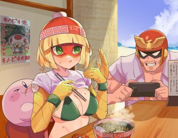 1boy 1girl :t alternate_costume arms_(game) beach beanie bikini bikini_top_only blonde_hair bowl breasts captain_falcon cellphone chopsticks cleavage closed_mouth clothes_lift cloud commentary_request day domino_mask eating eye_mask f-zero fanning_self food green_bikini green_eyes grin hat helmet highres holding holding_chopsticks hot katwo kirby kirby_(series) mario_(series) mask medium_breasts min_min_(arms) motion_blur nintendo noodles paper_mario phone poster_(object) ramen red_headwear sand shirt_lift short_hair sky smartphone smile super_smash_bros. sweat swimsuit taking_picture teeth toad_(mario) water