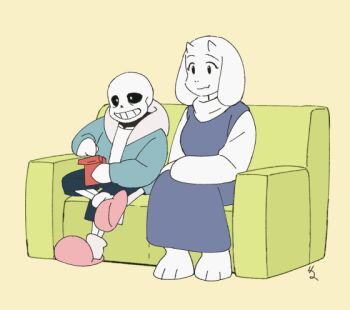 1boy 1girl animal_ears animated animated_gif beige_background blush couch dress facepalm fang food furry furry_female goat_ears goat_girl goat_horns hood hoodie horns laughing monster_boy monster_girl neruco open_clothes open_hoodie pocky pocky_day pocky_kiss sans_(undertale) shared_food simple_background sitting skeleton slippers smile toriel undertale utdr_(toby_fox)