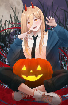 1girl a_ekoa black_necktie black_pants blue_jacket chainsaw_man collared_shirt cross-shaped_pupils demon_girl demon_horns grass hair_between_eyes highres horns jack-o&#039;-lantern jacket long_hair_between_eyes looking_at_viewer moon necktie open_mouth pants pants_rolled_up power_(chainsaw_man) red_horns sharp_teeth shirt shoes solo symbol-shaped_pupils teeth white_shirt white_shoes yellow_eyes
