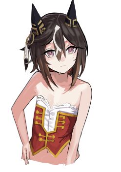 1girl animal_ears bare_shoulders breasts brown_eyes brown_hair closed_mouth commentary_request corset cropped_torso ear_covers feathers hair_between_eyes highres horse_ears horse_girl long_hair looking_at_viewer multicolored_hair navel red_corset shirt simple_background small_breasts solo solokitsune starting_future_(umamusume) stay_gold_(umamusume) strapless strapless_shirt streaked_hair sweat umamusume white_background white_hair white_shirt