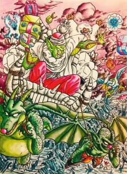 cape christmas colored_skin cymbal_(dragon_ball) dragon_ball dragon_quest fangs flying gift gift_bag green_skin hell highres horns lee_(dragon_garou) oni piccolo pulling red_nose slime_(dragon_quest) tambourine_(dragon_ball) throne turban wings