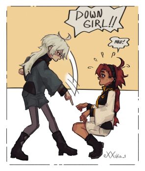 2girls absurdres ahoge asticassia_school_uniform barking black_boots black_hairband black_pantyhose boots border derivative_work down_boy!!_(meme) english_text exxska_1 flying_sweatdrops full_body gold_trim grey_hair grey_jacket grey_shorts gundam gundam_suisei_no_majo hair_between_eyes hairband highres jacket long_hair looking_at_another low_ponytail meme miorine_rembran multi-tied_hair multiple_girls open_mouth pantyhose pointing pointing_down ponytail red_eyes school_uniform shorts squatting suletta_mercury tan twitter_username white_border white_jacket white_shorts yellow_background yuri
