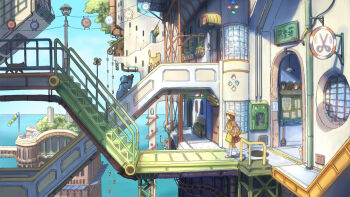 Rule 34 | 1girl, 1other, ambiguous gender, animal, arch, bag, blue sky, bon (tswx7328), brown hair, building, cat, commentary request, day, dress, fantasy, hat, highres, horizon, lamppost, manhole cover, multicolored dress, ocean, original, outdoors, sandals, scenery, shoulder bag, sign, sky, socks, stairs, walking, white socks, windsock, yellow dress