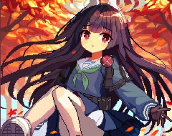 1girl animal_ears autumn autumn_leaves black_gloves black_hair blue_archive blue_serafuku blue_shirt blue_skirt blunt_bangs blush_stickers bright_pupils clothes_lift commentary convenient_leg day fake_animal_ears falling_leaves floating_clothes floating_hair foot_out_of_frame gloves green_neckerchief grey_halo halo knees_up leaf long_hair long_sleeves looking_at_viewer miyu_(blue_archive) neckerchief outdoors outstretched_hand park parted_lips pixel_art rabbit_ears red_eyes sailor_collar school_uniform serafuku shirt sitting skirt skirt_lift solo tinia_etru very_long_hair white_pupils white_sailor_collar wind wind_lift