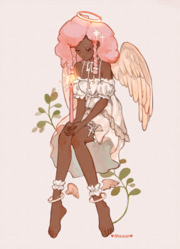 1girl afro angel_wings ankle_cuffs ankle_wings artist_name braid breasts candle choker closed_eyes commentary cross_hair_ornament dark-skinned_female dark_skin detached_sleeves dress english_commentary frilled_dress frills full_body hair_ornament halo original pink_hair puffy_short_sleeves puffy_sleeves short_dress short_sleeves small_breasts solo twin_braids very_dark_skin vicki_tsai white_choker white_dress wings