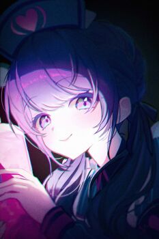 1girl asahina_mafuyu blurry blush collared_shirt commentary depth_of_field film_grain hat heart hhiiiiiik highres holding long_hair long_sleeves looking_at_viewer nurse_cap official_alternate_costume official_alternate_hairstyle project_sekai purple_eyes purple_hair shirt simple_background smile solo spotlight static symbol-only_commentary upper_body wonderhorror~!?_na_kimodameshi!_(project_sekai)