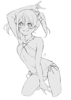 Rule 34 | 1girl, \m/, arm up, bikini, blush, bow, breasts, commentary request, contrapposto, cropped legs, cutie panther, greyscale, grin, hair bow, highres, looking at viewer, love live!, love live! school idol project, monochrome, nagi mkrnpn, navel, nervous smile, side-tie bikini bottom, simple background, small breasts, smile, solo, stomach, swimsuit, twintails, white background, yazawa nico
