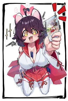 1girl ahoge animal_ears bare_shoulders between_breasts blue_archive blush breasts brown_hair card cleavage crr001 fang hair_between_eyes halo holding holding_card huge_breasts japanese_clothes kaede_(blue_archive) kimono open_mouth oppai_loli pink_halo playing_card red_skirt red_trim seiza short_hair sidelocks sitting skin_fang skirt smile solo sparkle sparkling_eyes thigh_peek thighhighs thighs white_background white_kimono white_thighhighs wide_sleeves yellow_eyes