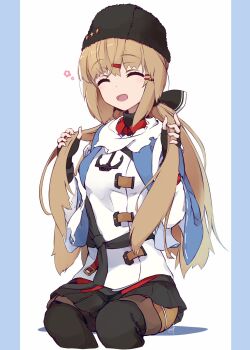 1girl anchor_ornament black_bow black_hat black_skirt black_thighhighs blue_shawl bow brown_hair closed_eyes commentary_request fur_hat hair_ornament hairclip hat highres holding holding_own_hair jacket kantai_collection long_hair low_twintails minosu pantyhose papakha pleated_skirt red_shirt scarf shawl shirt skirt smile solo tashkent_(kancolle) thighhighs torn_clothes torn_scarf twintails untucked_shirt white_background white_jacket white_scarf