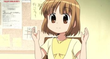 ! 1girl animated animated_gif blush brown_eyes brown_hair chair clapping closed_mouth corkboard dot_nose indoors japanese_text kanamemo medium_hair nakamachi_kana open_mouth own_hands_clasped own_hands_together paper short_sleeves sitting solo talking tic-tac-toe