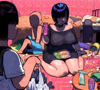 1boy 2girls absurdres after_vaginal aftersex age_difference bald bed bedroom black_hair blush breasts can clothed_female_nude_male collar condom condom_on_penis cum cum_in_pussy embarrassed expressionless hair_over_one_eye highres holding holding_can huge_breasts medium_hair multiple_girls nude open_mouth original penis pink_fehe_rin school_uniform shota sitting size_difference stray_pubic_hair sweat used_condom used_condom_on_penis