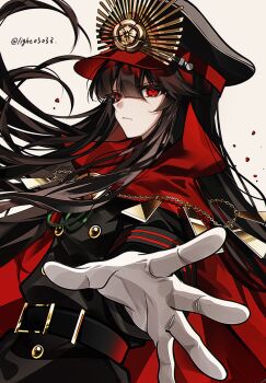 1girl belt belt_buckle black_belt black_hair black_jacket blunt_bangs buckle buttons cape chain collared_cape crest family_crest fate/grand_order fate_(series) gloves hat highres jacket long_hair medallion military_hat oda_nobunaga_(fate) oda_uri peaked_cap popped_collar red_cape red_eyes red_hair solo twitter_username white_background white_gloves xixing_chun