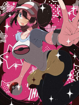 1girl black_pantyhose blue_eyes blush breasts brown_hair commentary_request double_bun fujiwara_hiro_(kaede_ciao) hair_bun hat highres holding holding_poke_ball large_breasts long_hair looking_at_viewer nintendo one_eye_closed pantyhose poke_ball poke_ball_(basic) pokemon pokemon_bw2 raglan_sleeves rosa_(pokemon) shirt shorts smile solo tongue tongue_out twintails visor_cap yellow_shorts