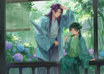 1boy 1girl beads blue_eyes blue_flower blue_robe blunt_bangs breasts chinese_clothes flower green_robe hair_beads hair_bun hair_ornament half_updo highres holding holding_leaf holding_umbrella jinshi_(kusuriya_no_hitorigoto) kusuriya_no_hitorigoto leaf light_smile long_hair looking_at_another maomao_(kusuriya_no_hitorigoto) parted_bangs parted_lips pink_eyes purple_flower rain robe sidelocks sitting small_breasts umbrella wide_sleeves yuikisezu