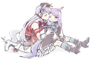 2girls animal_ears artist_name blue_bow blue_bowtie blush boots bow bowtie brown_boots brown_dress brown_hat commentary_request dress elbow_gloves gloves gold_ship_(umamusume) hand_on_another&#039;s_shoulder hat headphones heart highres horse_ears horse_girl horse_tail jacket kiss kissing_cheek lampy_uikoko long_hair mejiro_mcqueen_(umamusume) multiple_girls purple_eyes purple_hair red_bow red_bowtie red_jacket simple_background sleeveless sleeveless_jacket smile tail umamusume white_background white_boots white_gloves yuri
