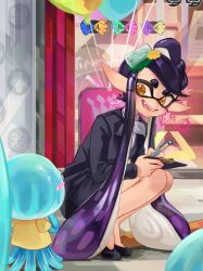 1girl 3others absurdres artist_name balloon black_hair black_suit blush blush_stickers bow bow-shaped_hair bowtie breasts callie_(news_anchor)_(splatoon) callie_(splatoon) chokico fangs flower_symbol food food_on_head formal_clothes high_heels highres holding inkling jellyfish_(splatoon) logo long_hair looking_at_another mole mole_under_eye multiple_others nintendo object_on_head official_alternate_costume open_mouth pointy_ears shirt short_eyebrows skirt smile splatoon_(series) splatoon_3 squatting star-shaped_pupils star_(symbol) sticker suit symbol-shaped_pupils teeth tentacle_hair thick_eyebrows transparent_bow window yellow_eyes yellow_shirt