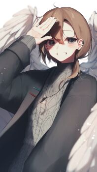 1boy absurdres androgynous angel_wings black_coat blush brown_hair coat commentary_request earrings feathered_wings grey_sweater grin highres jewelry kanae_(8th_costume)_(nijisanji) kanae_(nijisanji) light_particles long_hair long_sleeves looking_at_viewer male_focus necklace nijisanji smile solo sweater trap upper_body violet_(mesy4285) virtual_youtuber white_wings wings