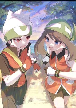 1boy 1girl armpit_crease bandana bare_shoulders bike_shorts black_hair black_shorts blue_eyes breasts brendan_(pokemon) brown_hair celebi clenched_hands eyelashes fangs fanny_pack fingerless_gloves fingernails friends gen_2_pokemon gloves green_bandana hands_up happy hat highres index_finger_raised lake legendary_pokemon legs looking_at_another may_(pokemon) may_(pokemon_emerald) medium_hair mythical_pokemon nature neck nintendo open_mouth ouri_(aya_pine) outdoors pokemon pokemon_adventures red_eyes running shirt short_sleeves shorts sidelocks sleeveless sleeveless_shirt small_breasts swept_bangs tomboy tree turning_head