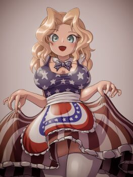 1girl american_flag american_flag_apron american_flag_dress american_flag_print apron birthday blonde_hair blue_bow blue_bowtie blue_dress blue_eyes blush bow bowtie breasts cleavage clothes_lift collarbone detached_collar dress dress_lift flag_print girls_und_panzer grey_background happy_birthday kay_(girls_und_panzer) large_breasts long_hair looking_at_viewer maid maid_apron open_mouth print_apron print_bow print_bowtie print_dress red_apron red_dress sleeveless sleeveless_dress smile soandnb standing star_(symbol) star_print striped_clothes striped_dress thighhighs white_thighhighs