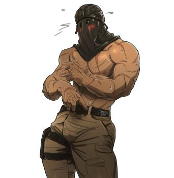 1boy bara belt black_belt blush brown_pants call_of_duty chris_sdd highres konig_(call_of_duty) masked muscular muscular_male pants scar scar_on_arm scar_on_chest sweatdrop veins veiny_hands