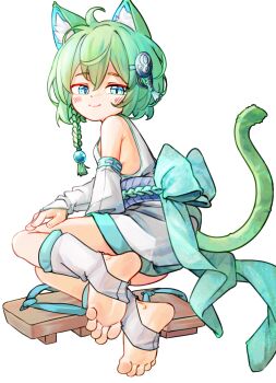 1girl animal_ears blue_eyes cat_ears cat_girl cat_tail chaosexceed closed_mouth commentary detached_sleeves english_commentary full_body highres no_shoes original paid_reward_available sandals short_hair simple_background smile soles solo stirrup_footwear tail toes unworn_sandals white_background white_sleeves zouri
