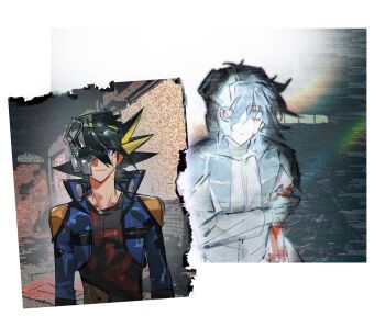 2boys 99ki5 abandoned alternate_form artificial_eye bags_under_eyes black_hair black_shirt bleeding blood blood_from_forehead blood_on_clothes blood_on_face bloody_tears blue_coat blue_eyes coat crying crying_with_eyes_open dappled_sunlight facial_mark facing_viewer garage hair_between_eyes hand_on_own_arm highres indoors injury looking_to_the_side male_focus mechanical_eye multiple_boys open_clothes open_coat photo_(object) popped_collar racing_suit robe shirt shoulder_pads side-by-side smile spiked_hair streaming_tears sunlight tears torn_paper white_background white_robe yu-gi-oh! yu-gi-oh!_5d's z-one