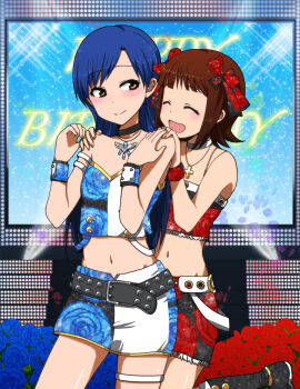 2girls bare_shoulders behind_another belt black_belt blue_flower blue_hair blue_rose blush brown_eyes brown_hair choker closed_eyes closed_mouth commentary_request cool_&amp;_sexy_(idolmaster) cowboy_shot cross cross_necklace floral_print floral_print_skirt flower hair_ribbon hands_on_another&#039;s_shoulders hands_up happy_birthday idolmaster idolmaster_(classic) idolmaster_live_for_you! jewelry kidachi leg_up lively_rose_(idolmaster) long_hair midriff miniskirt multiple_girls navel necklace open_mouth print_skirt red_flower red_ribbon red_rose ribbon rose screen short_hair skirt smile spaghetti_strap stage stage_lights standing strapless thigh_strap tube_top wrist_cuffs